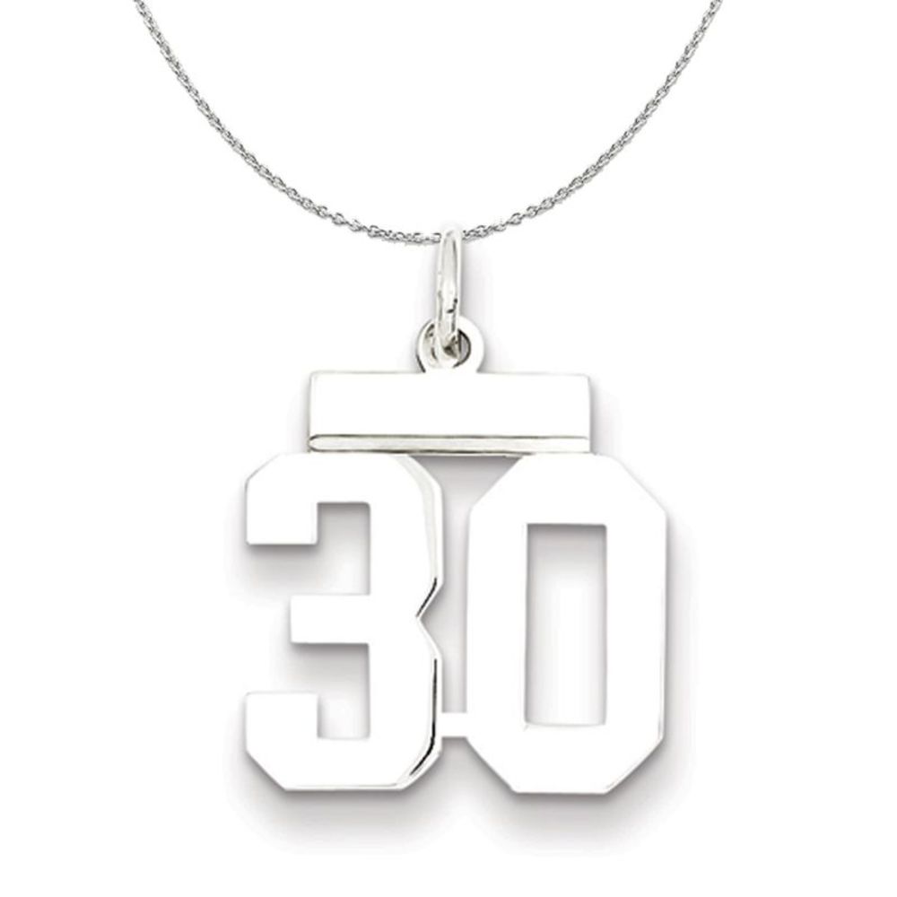 Silver, Athletic Collection Medium Polished Number 30 Necklace - 16 In
